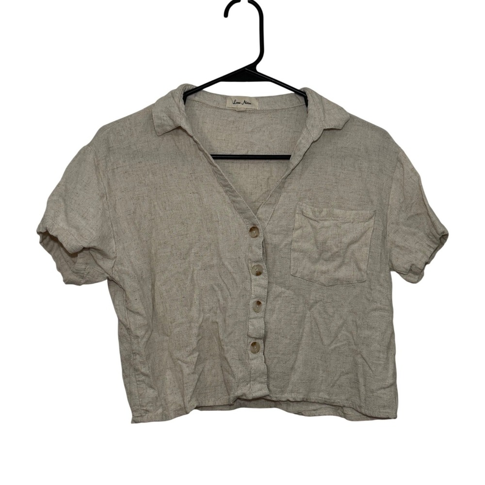 Love Notes Womens Oatmeal Beige Linen Blend Short Sleeve Button Down Crop Top L